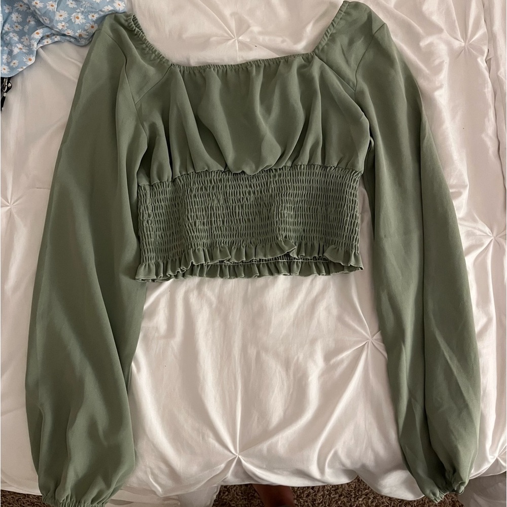 green shirred long sleeve top